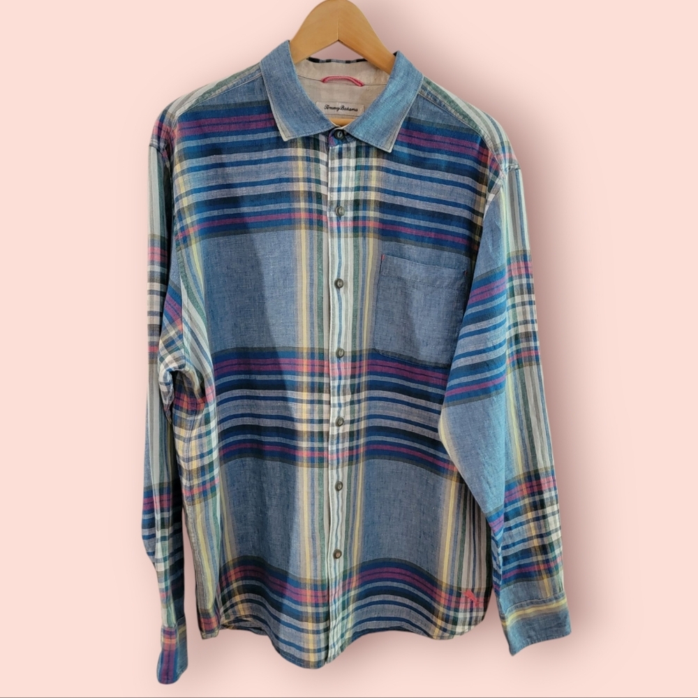 Tommy Bahama‎ Linen Long Sleeve Shirt Blue Pink Large